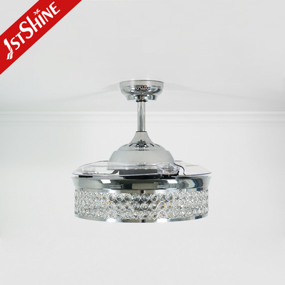 Retractable Blades AC Motor Low Energy Crystal Ceiling Fan Light For Bedroom