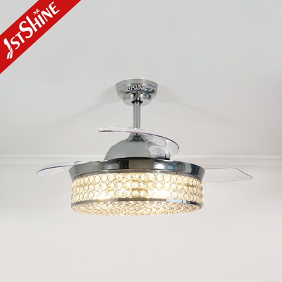 Retractable Blades AC Motor Low Energy Crystal Ceiling Fan Light For Bedroom
