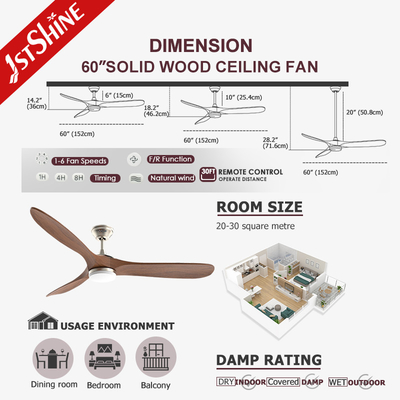Europe Style Wooden LED Ceiling Fan With Dimmable Light 220v For Decorative